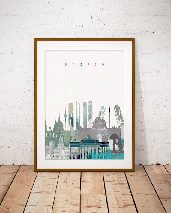Madrid Spain Watercolor Skyline Landmarks Bull Cityscape Poster