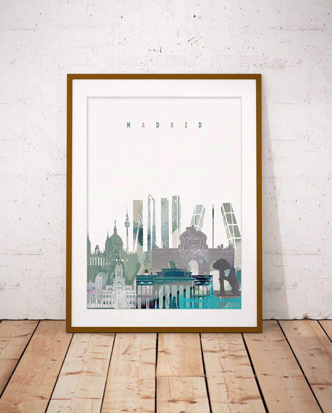 Madrid Spain Watercolor Skyline Landmarks Bull Cityscape Poster
