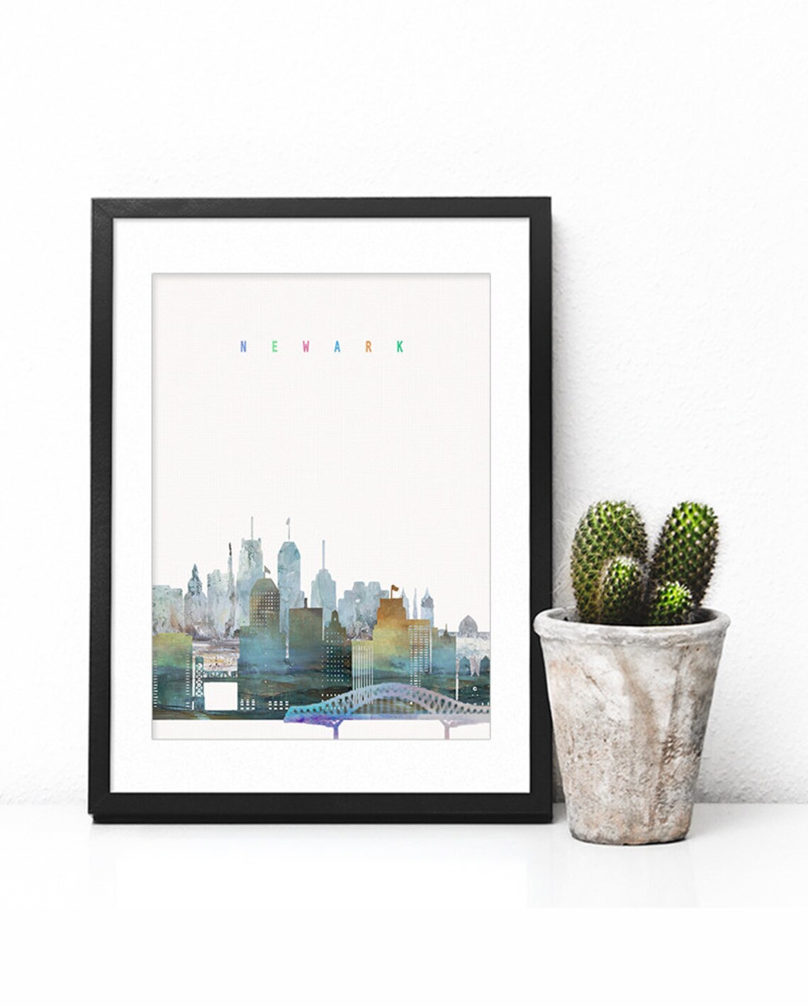 Newark Skyline Soft Watercolor City Buildings Bridge Art Poster - Image 2