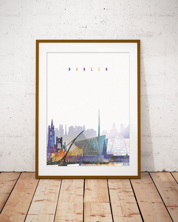 Dublin Ireland Harp Bridge Watercolor Skyline Art Modern Home Decor Poster