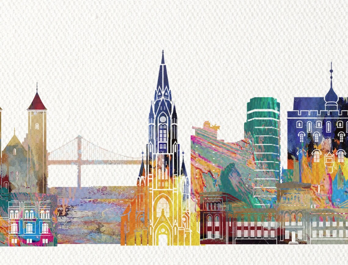 Bergen Norway Colorful Watercolor City Skyline Art Modern Home Decor Poster - Image 2