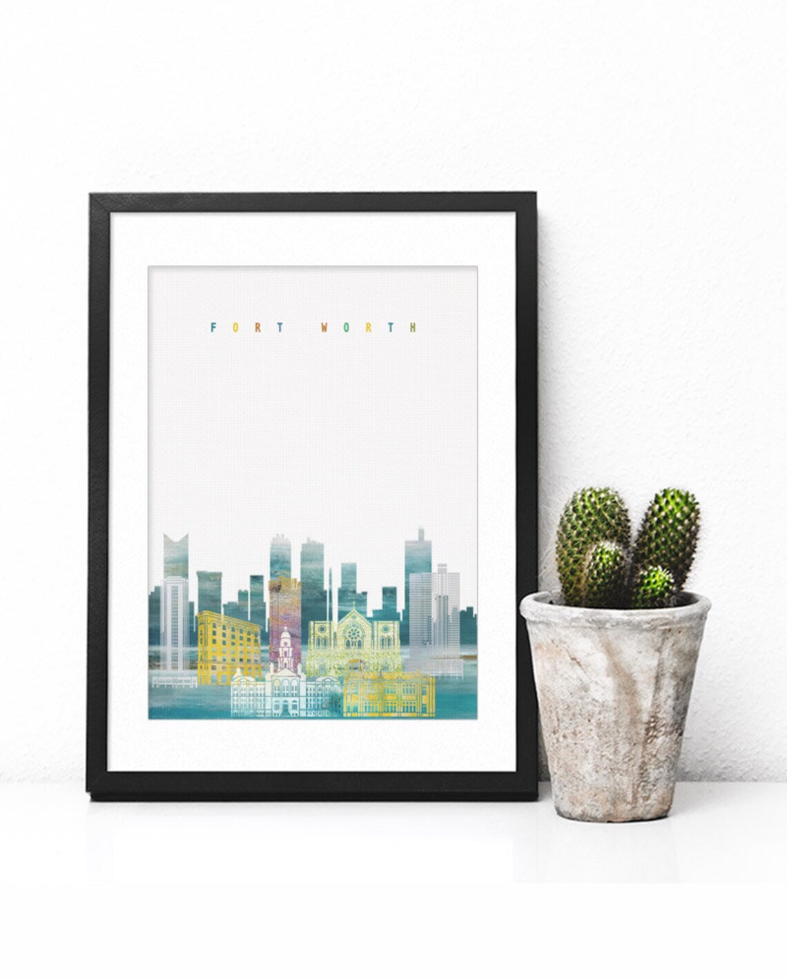 Fort Worth Texas Downtown Cowtown Watercolor Skyline Poster Art - Image 2