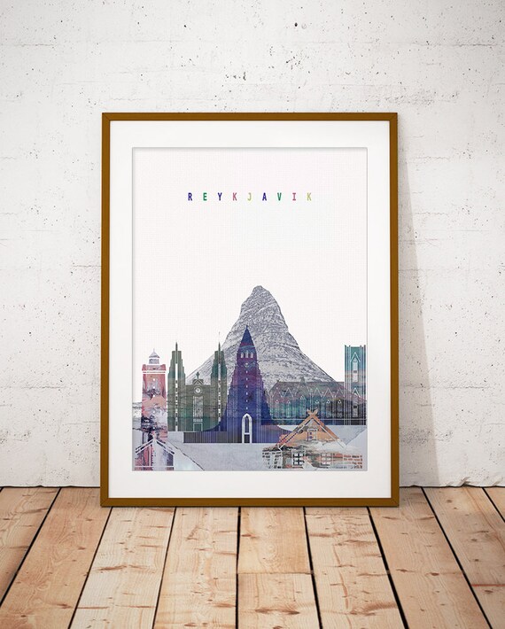 Reykjavik Iceland Mountain Church Watercolor Skyline Poster Art