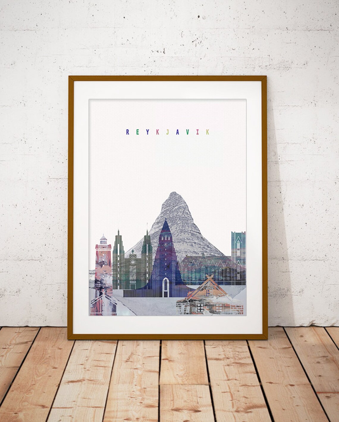 Reykjavik Iceland Mountain Church Watercolor Skyline Poster Art