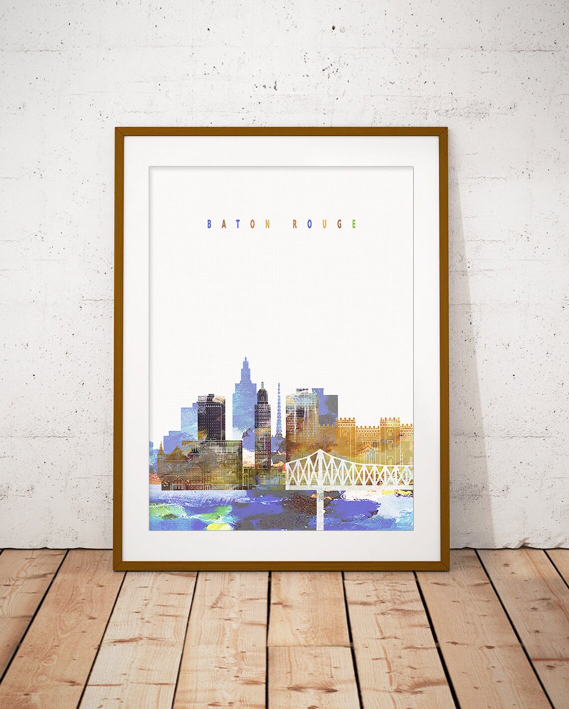 Baton Rouge Skyline Colorful Watercolor Bridge Cityscape Art Poster