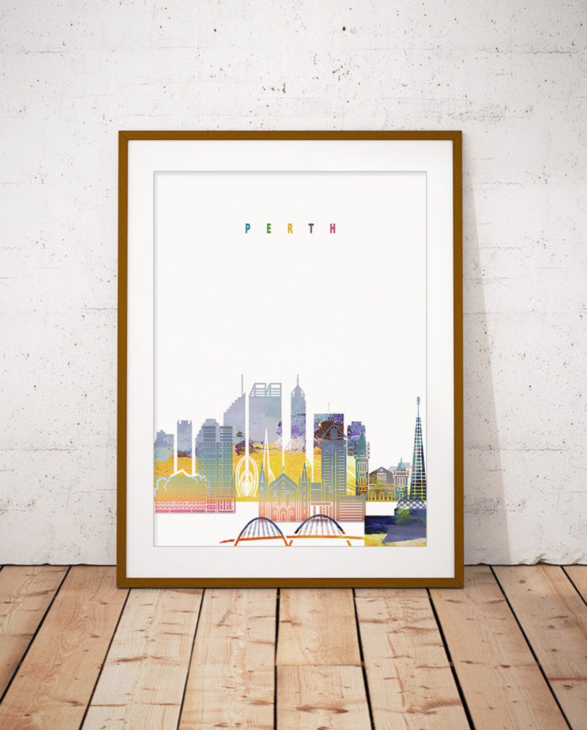 Perth Skyline Vibrant Watercolor Australian Cityscape Art Poster