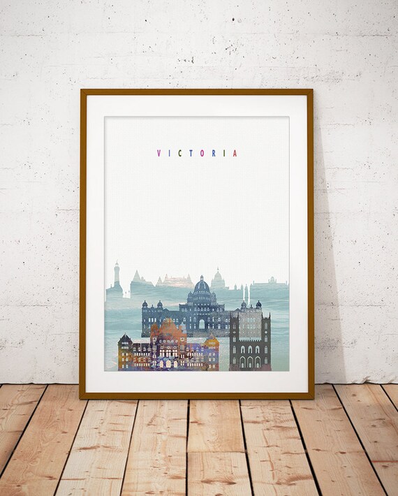 Victoria Canada Colorful Watercolor City Skyline Landmarks Poster