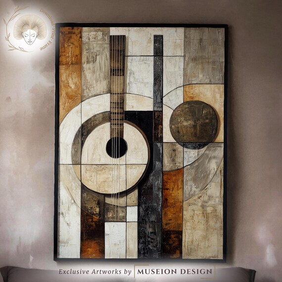 Cubist Guitar Abstract Geometric Warm Earth Tones Modern Art Poster