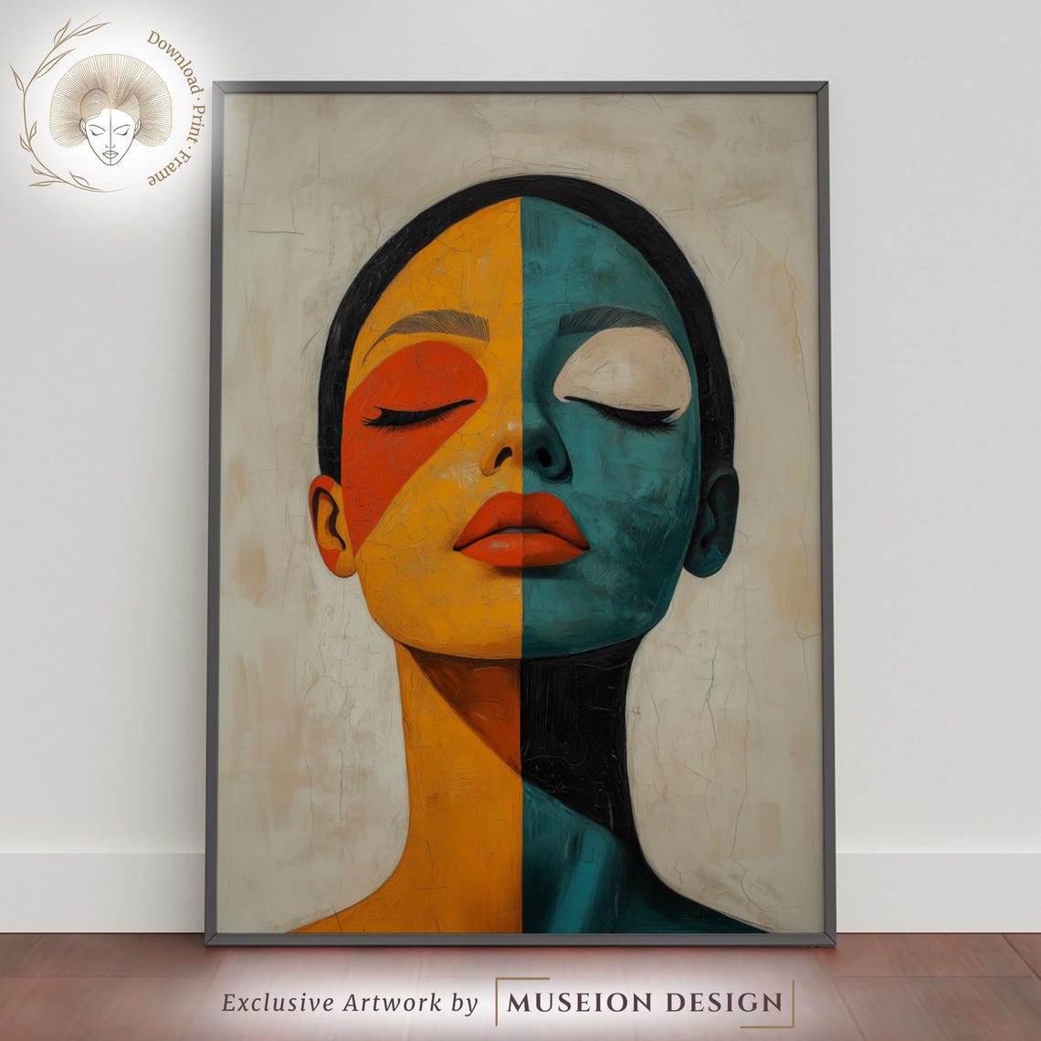 Color Block Woman Split Face Teal Orange Abstract Portrait Poster