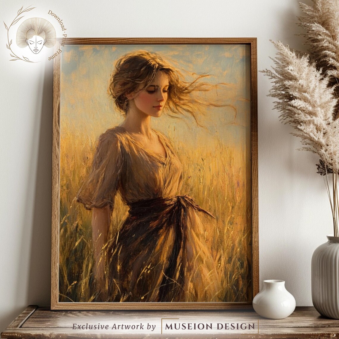Windswept Woman Golden Wheat Field Vintage Romantic Oil Art Poster