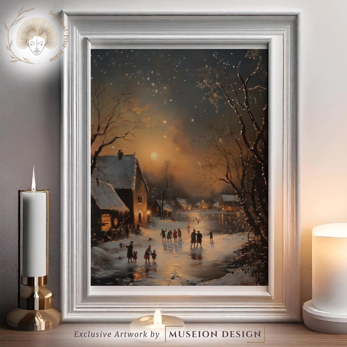 Cozy Winter Village Ice Skating Dusk Glowing Houses Holiday Poster