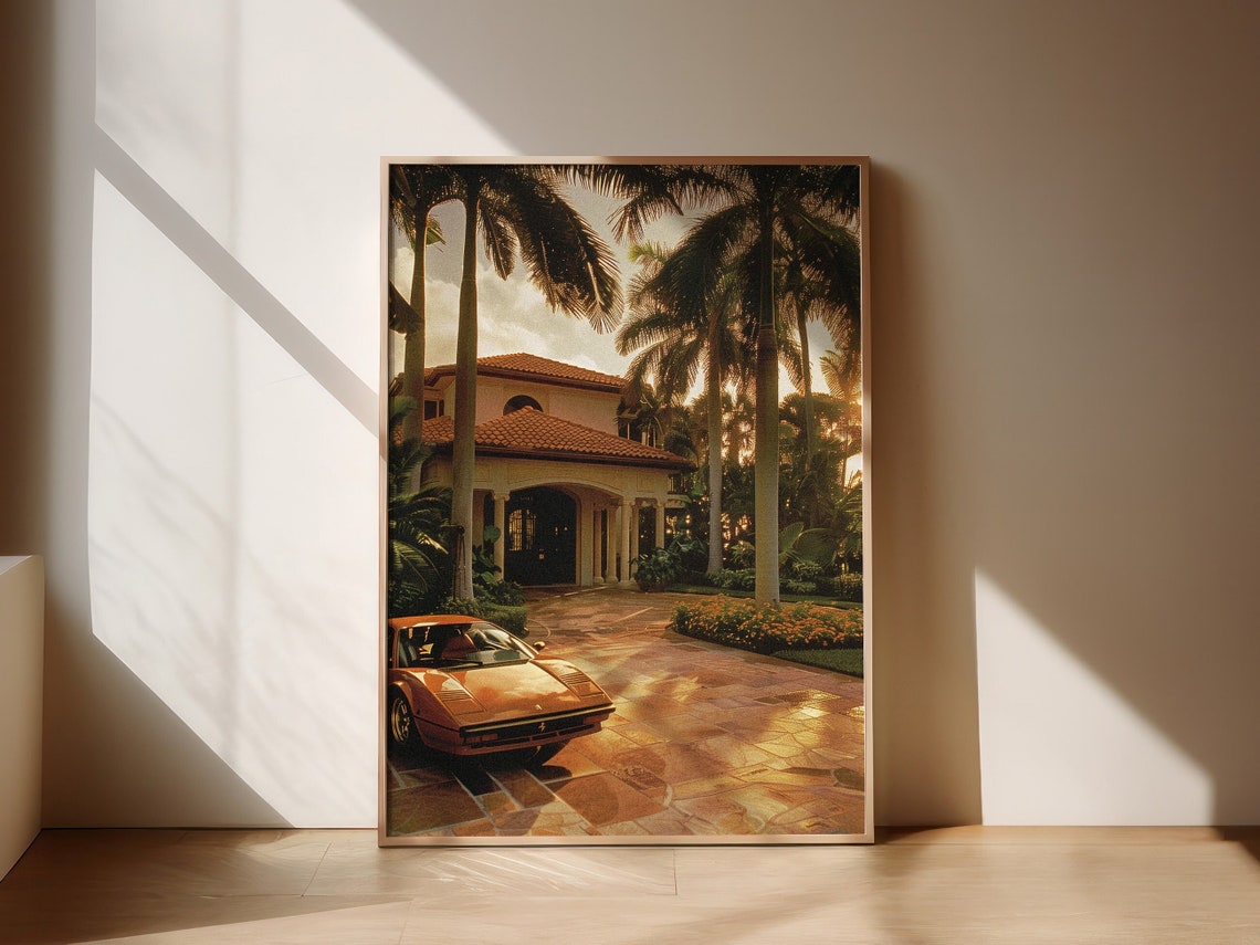 Tropical Palm Villa Sunset Classic Ferrari Vintage Art Poster
