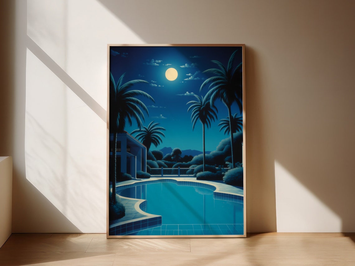 Moonlit Night Pool Palm Trees Blue Villa City Pop Art Poster