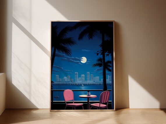 Full Moon Night City Skyline Rooftop Pool City Pop Art Poster