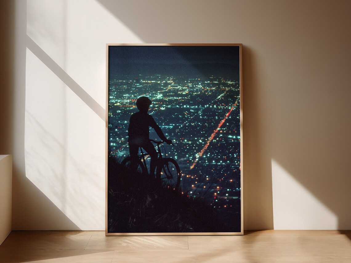 Los Angeles Night City Lights Cyclist Silhouette Vintage Poster