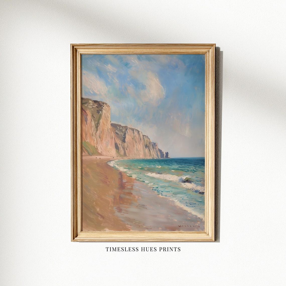 Sandy Beach With Towering Ochre Cliffs And Turquoise Waves Poster