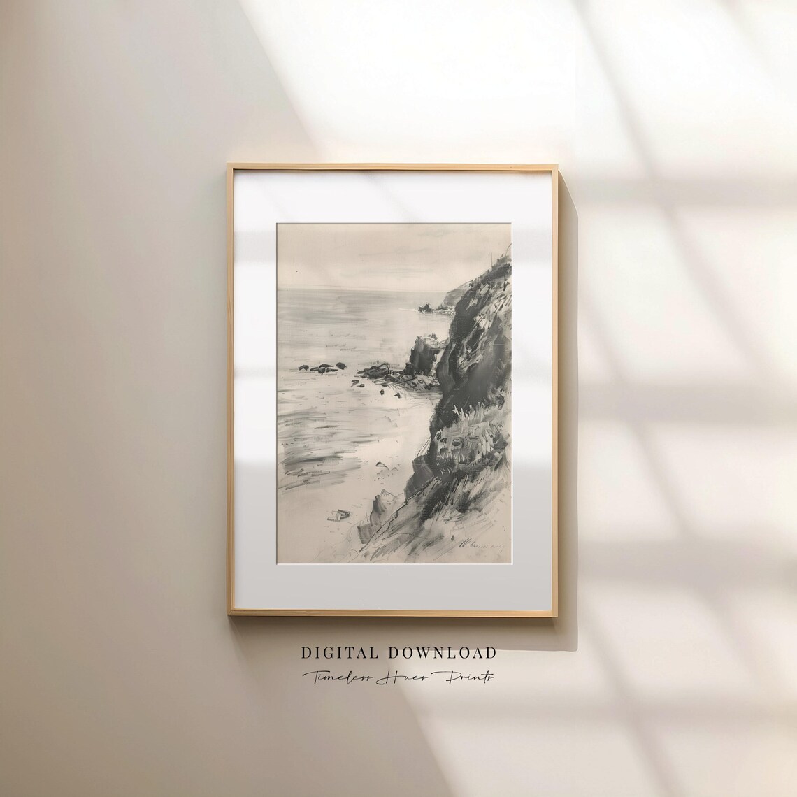 Vintage Coastal Landscape Charcoal Sketch Black White Pencil Drawing Poster