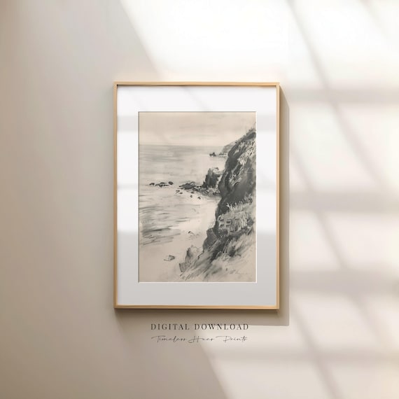 Vintage Coastal Landscape Charcoal Sketch Black White Pencil Drawing Poster