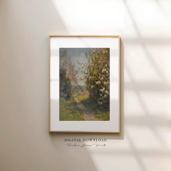 Vintage English Garden Painting Floral Oil Moody Spring Path Art Decor Country Wall