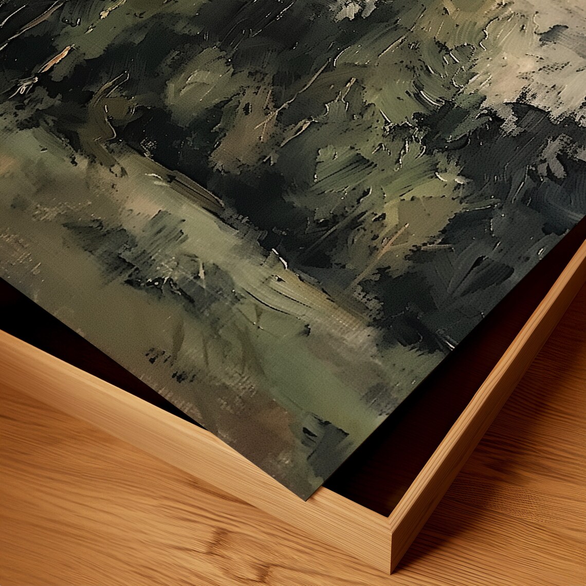 Moody Dark Woodland Olive Trees Gray Sky Abstract Oil Poster - Image 2