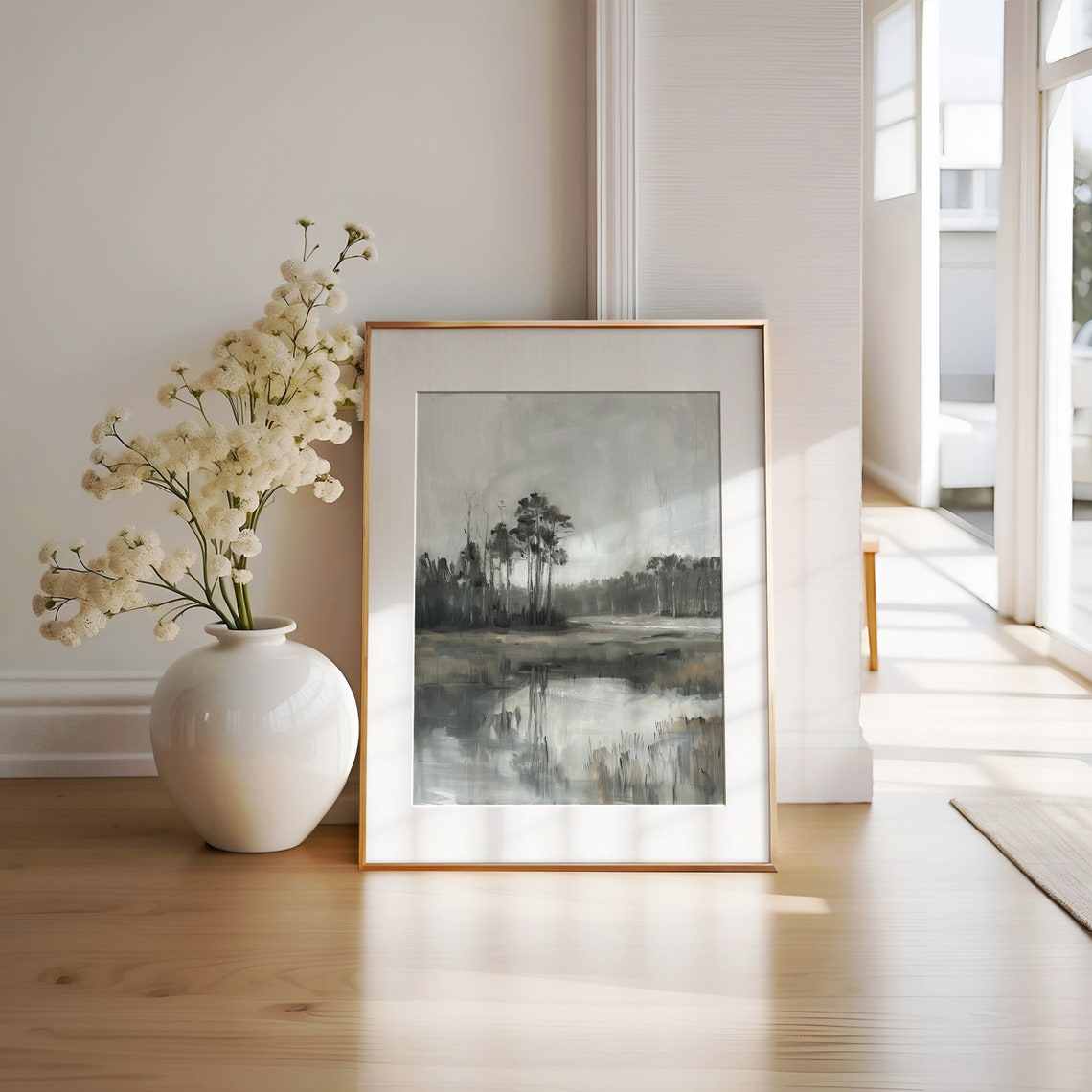 Tall Pine Trees on Misty Lake Foggy Monochrome Oil Painting Poster - Image 2
