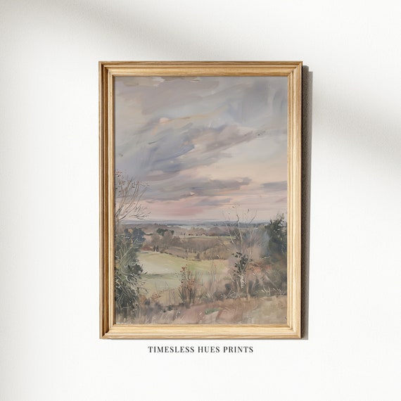 Vintage English Countryside Landscape Oil Painting Rustic Rural Art Neutral Tones Farmland Painting
