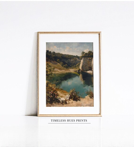 Moody Mountainscape Art Serene Teal Water Painting Textured Rock Formation Print Summer Mountain Vista Art