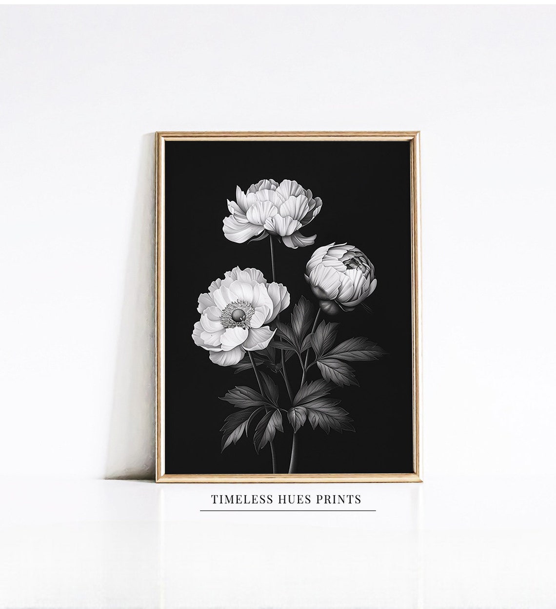 White Anemone Flowers on Black Botanical Monochrome Oil Poster