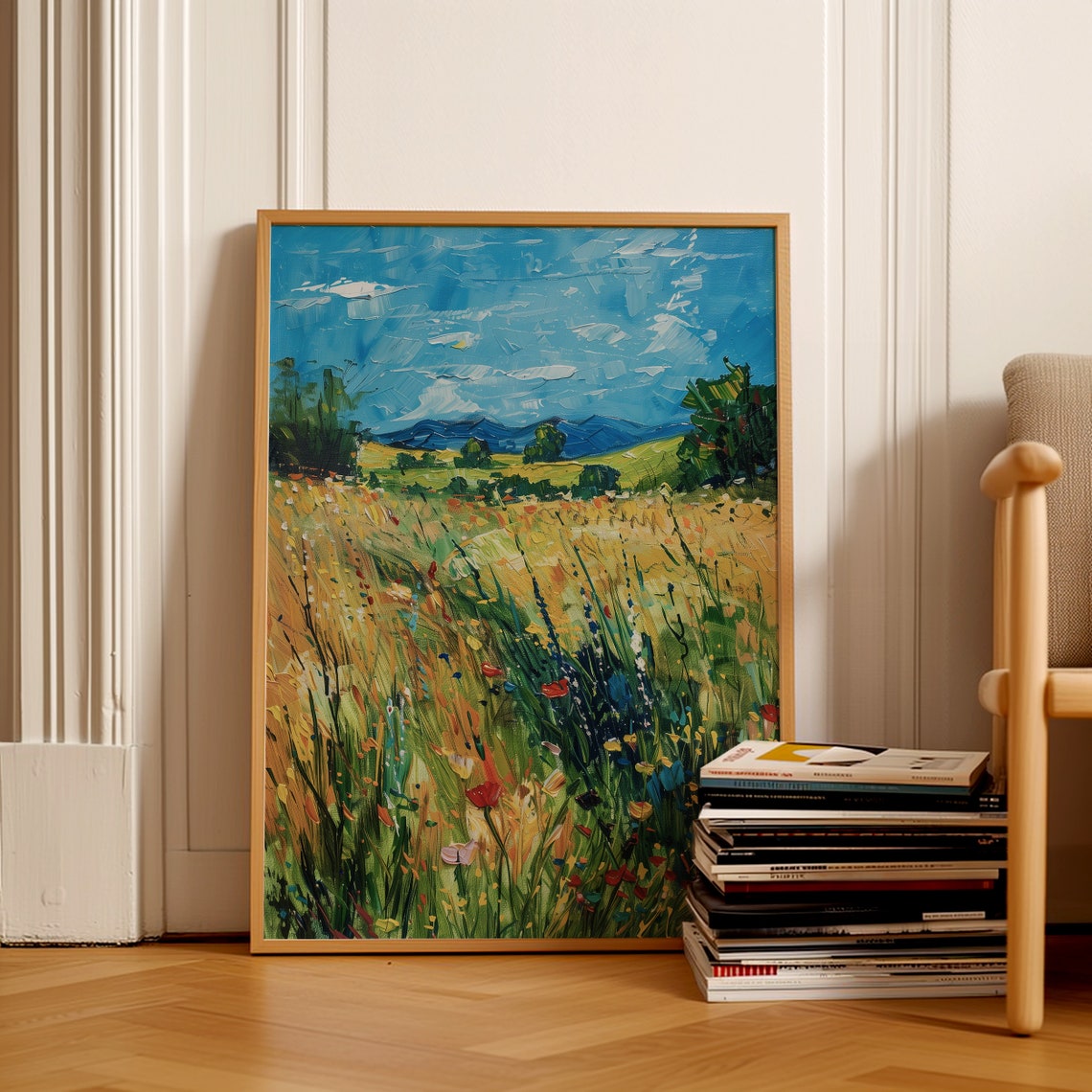 Spring Wildflower Meadow Painting Vintage Oil Painting Flower Field Landscape Painting Country Field Wall Art - Image 2
