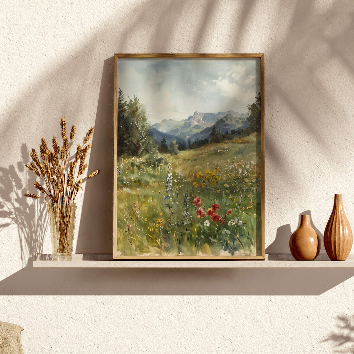 Wildflower Meadow with Mountain Peaks Impressionist Watercolor Poster - Image 3