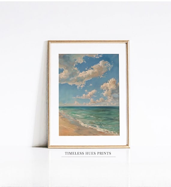 Peaceful Beach Seascape Painting Turquoise Ocean Clouds Wall Poster