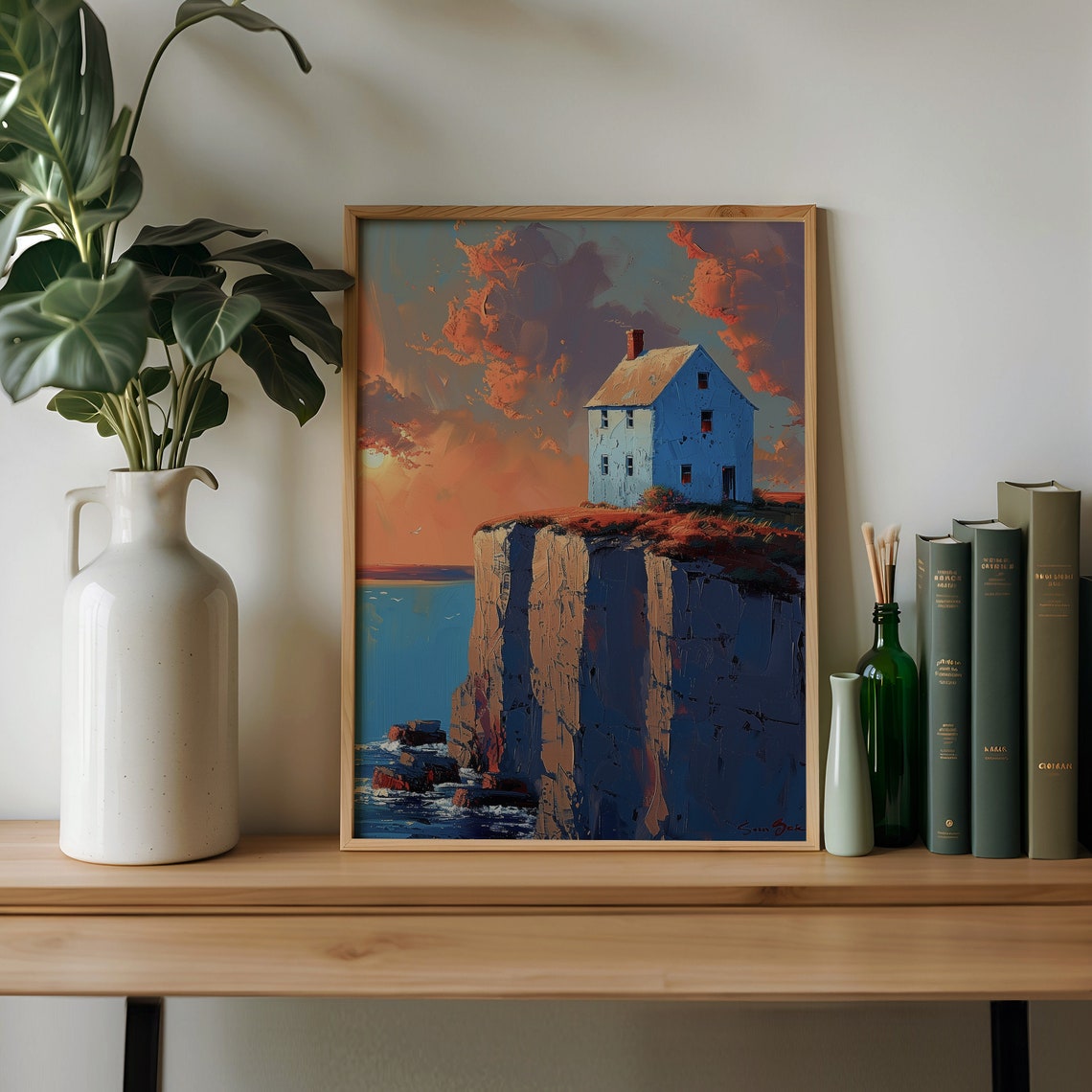 Lonely White House on Ocean Cliff Dramatic Sunset Oil Poster - Image 2