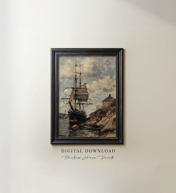 Antique Sailing Ship Rocky Harbor Framed Nautical Painting Wall Art