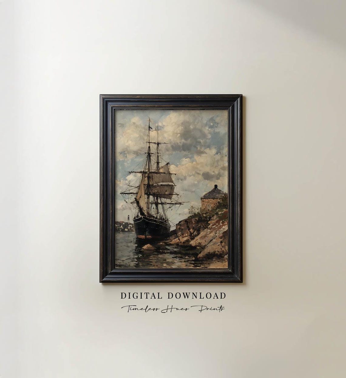 Antique Sailing Ship Rocky Harbor Framed Nautical Painting Wall Art