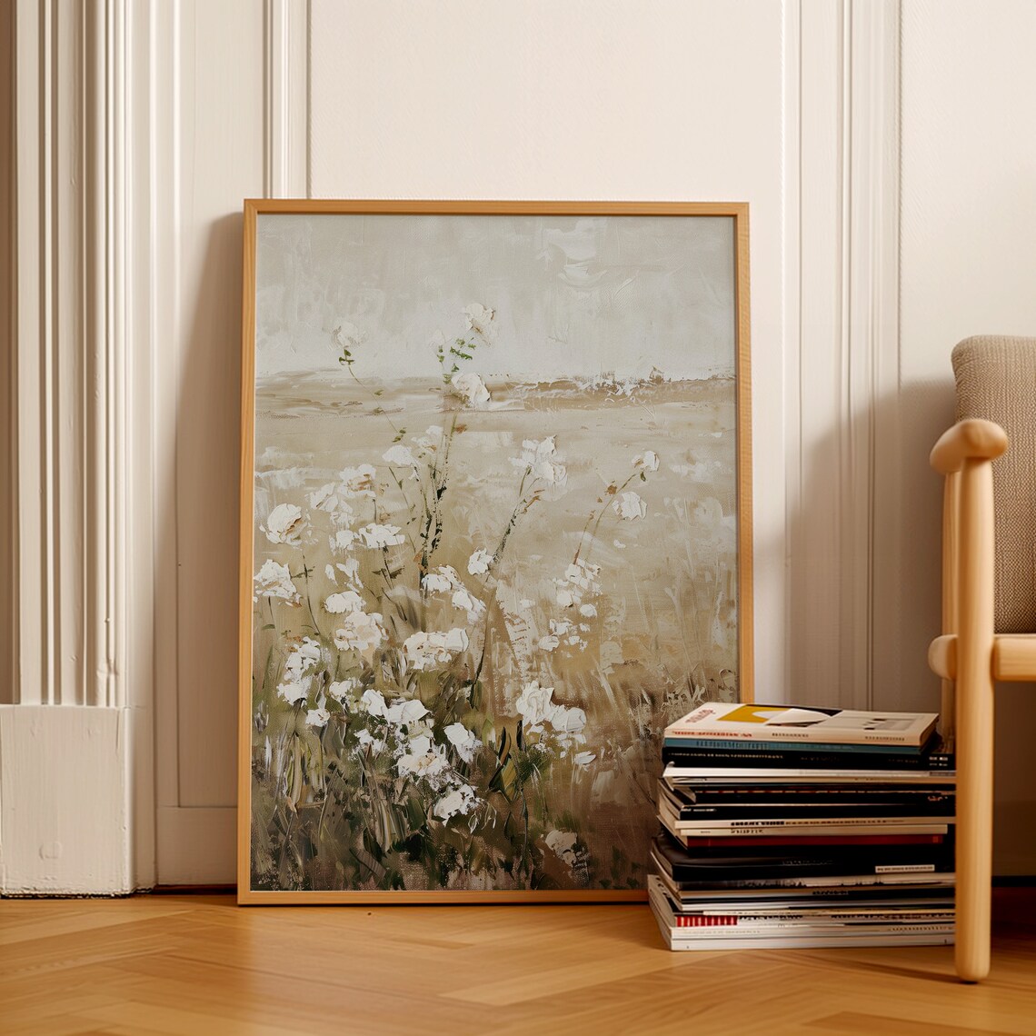 White Wildflowers in Beige Field Impasto Neutral Floral Wall Decor Poster - Image 2
