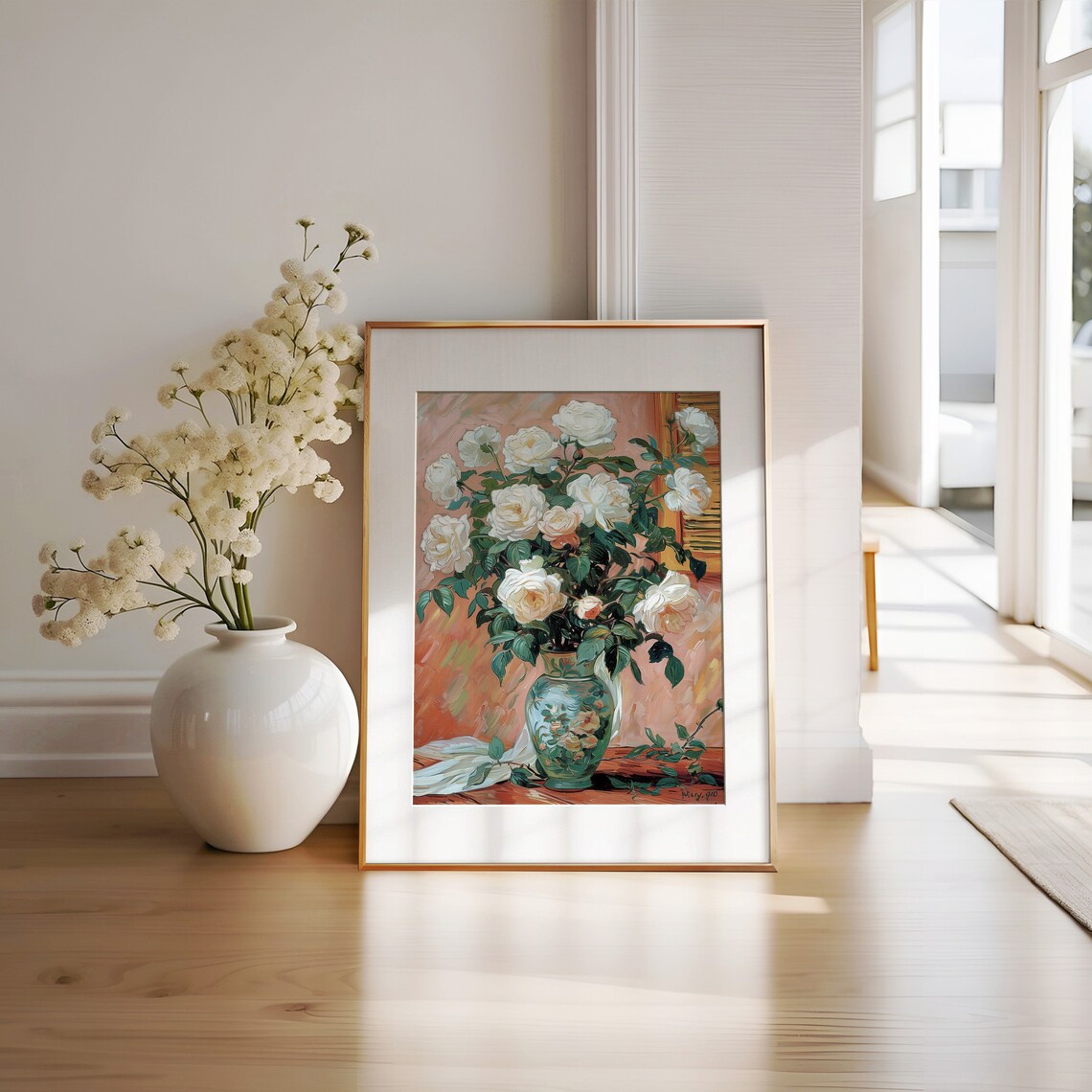 White Roses Vase Van Gogh Style Floral Oil Still Life Poster - Image 2