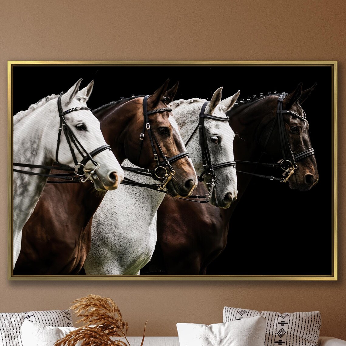Four Horses In Bridles Black Background Equestrian Team Wall Art
