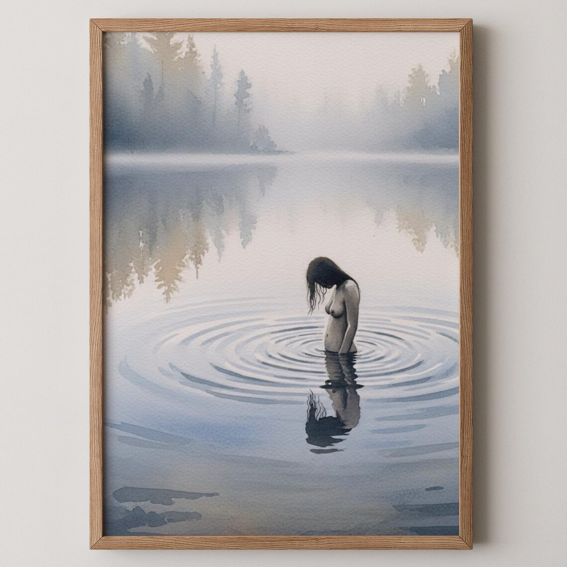 Woman Standing In Misty Lake Serene Watercolor Fine Art Poster