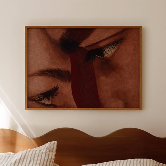 Romantic Couple Faces Close Up Moody Burgundy Oil Painting Poster