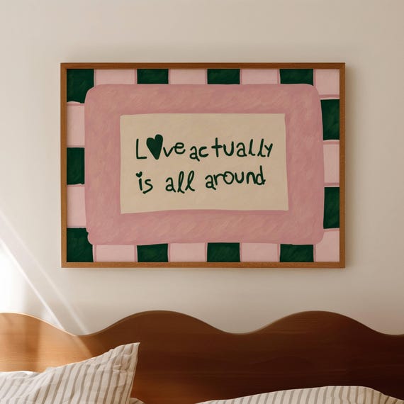Love Actually Is All Around Pink Green Quote Print Horizontal Above Bed Wall Art Hand Drawn Retro Striped Typography Oil Painting Poster