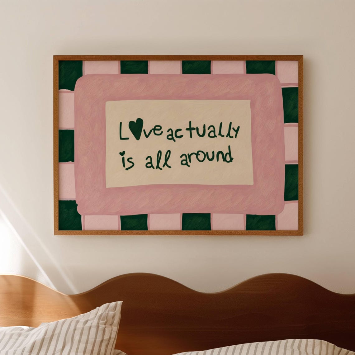 Love Actually Is All Around Green Pink Heart Quote Wall Poster