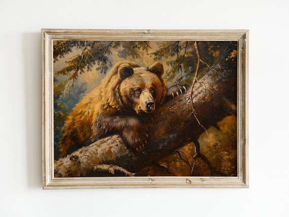 Brown Bear Resting on Tree Branch Warm Oil Woodland Nature Poster