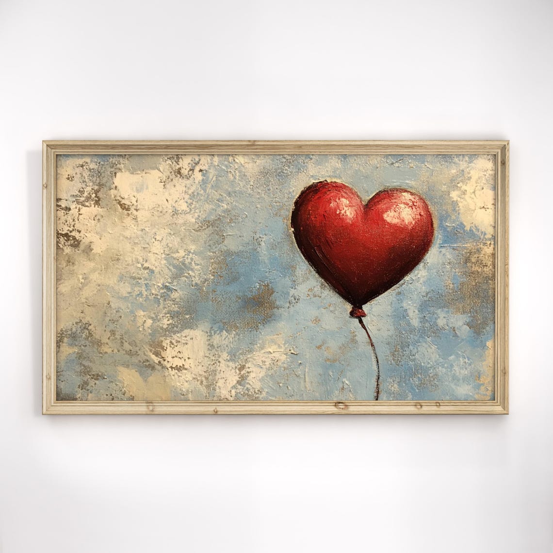 Red Heart Balloon Floating In Blue Sky Vintage Romance Art Poster