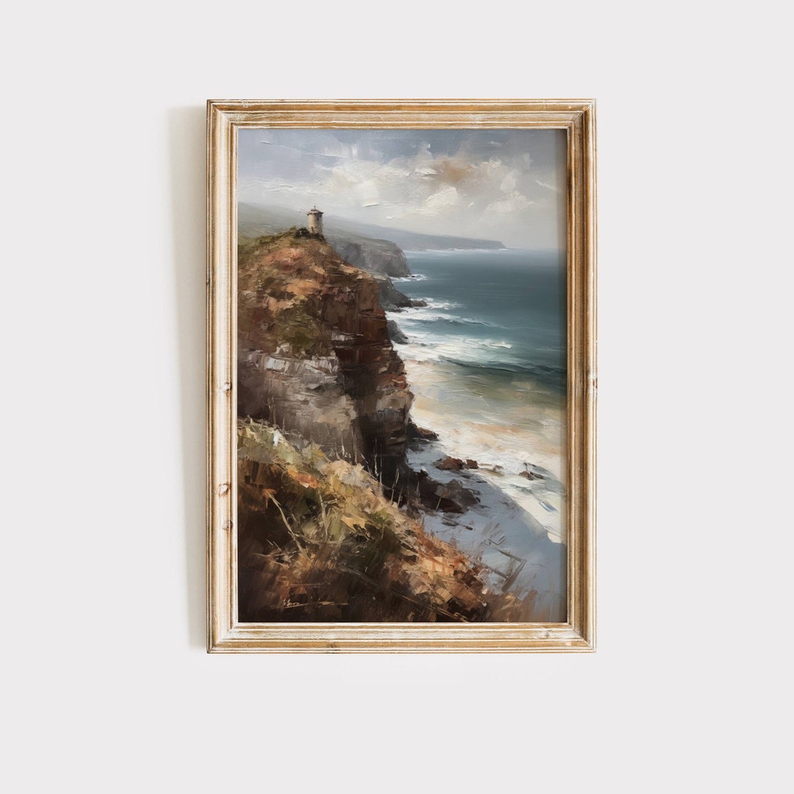 Ocean Cliff Lighthouse Seascape Moody Waves Vintage Coastal Art Poster