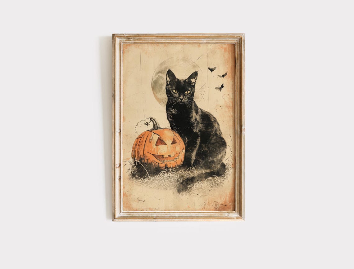 Black Cat Full Moon Jack O Lantern Vintage Halloween Night Art Poster - Image 2