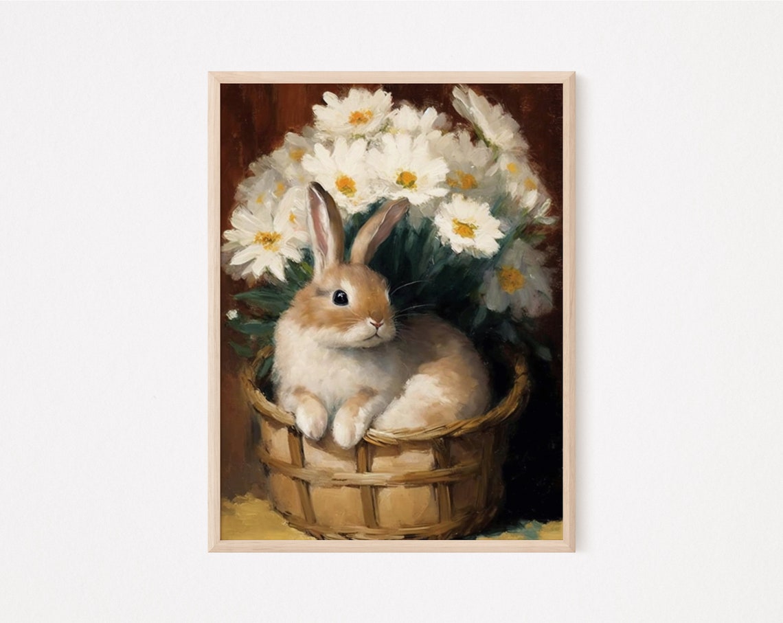 Bunny Rabbit In Woven Basket With White Daisies Spring Wall Art Poster - Image 2