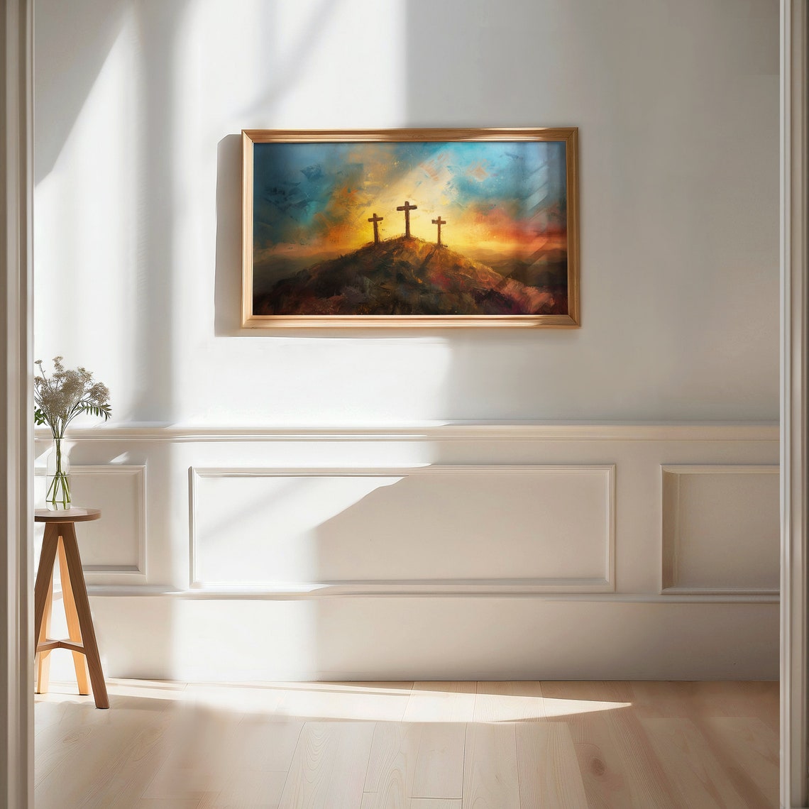 Three Crosses Calvary Sunset Dramatic Orange Sky Easter Art Poster - Image 2