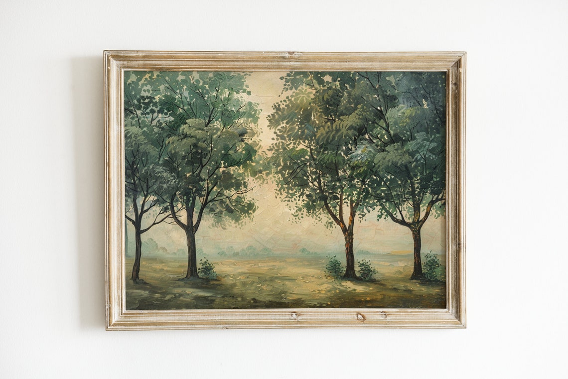 Misty Green Trees Meadow Vintage Landscape Oil Painting Rustic Print