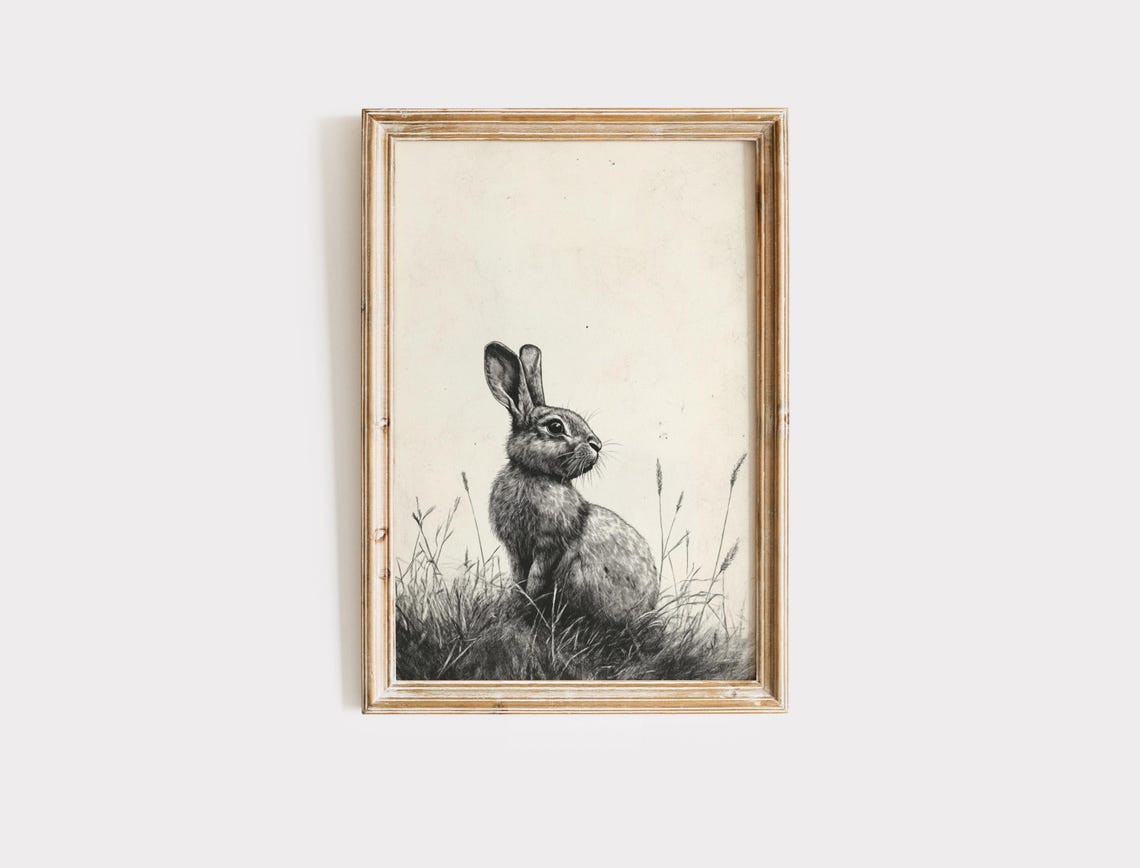 Minimalist Rabbit Sketch In Tall Grass Cream Background Art Poster - Image 2
