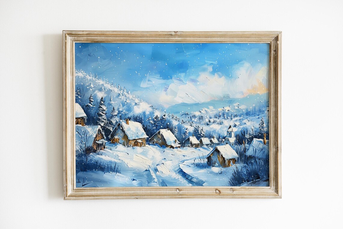 Moonlit Blue Snowy Cabin Village Winter Night Landscape Travel Poster